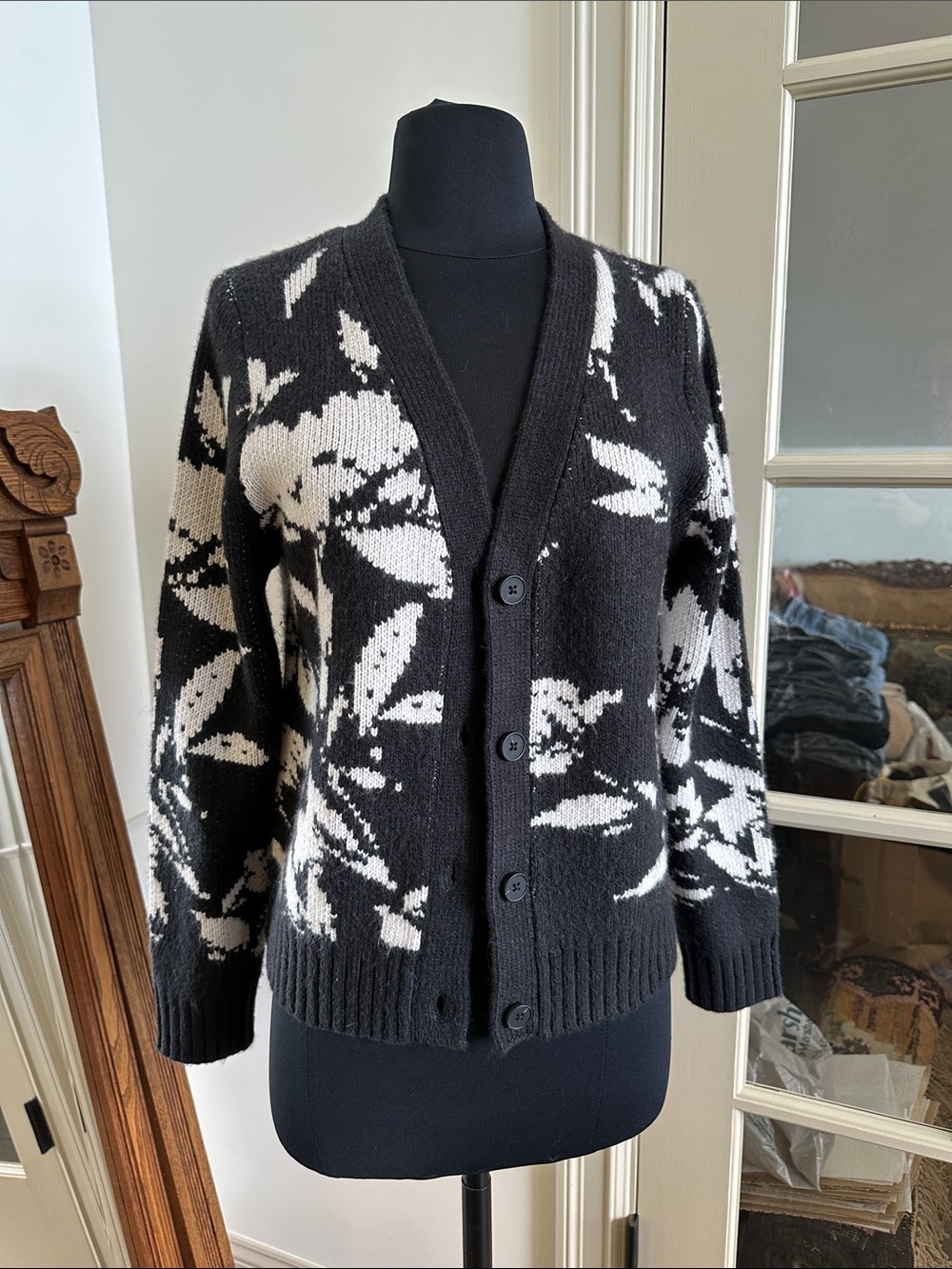 Joie Black and White Floral Knit Cardigan